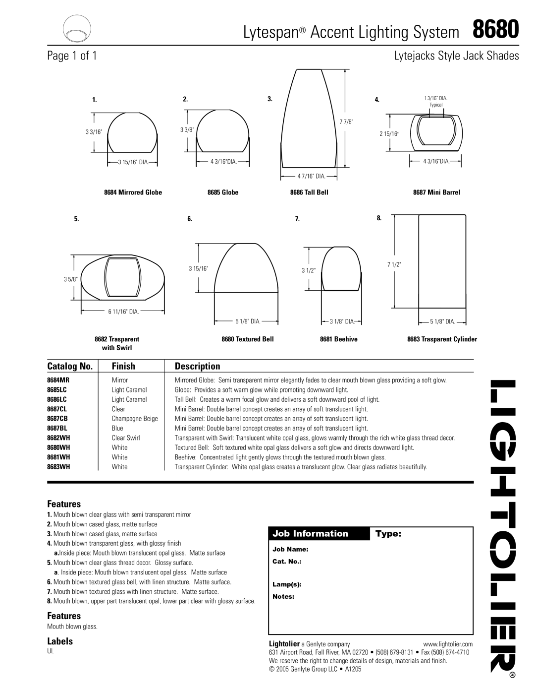 Lightolier 8680 manual Finish Description, Features, Labels 