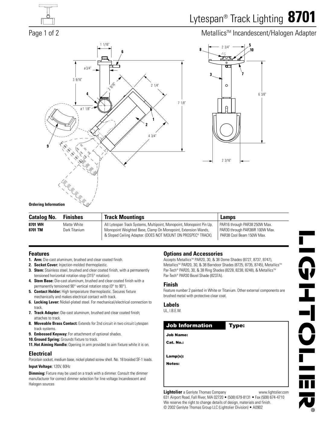 Lightolier 8701 manual Catalog No Finishes Track Mountings Lamps, Features, Electrical, Options and Accessories, Labels 