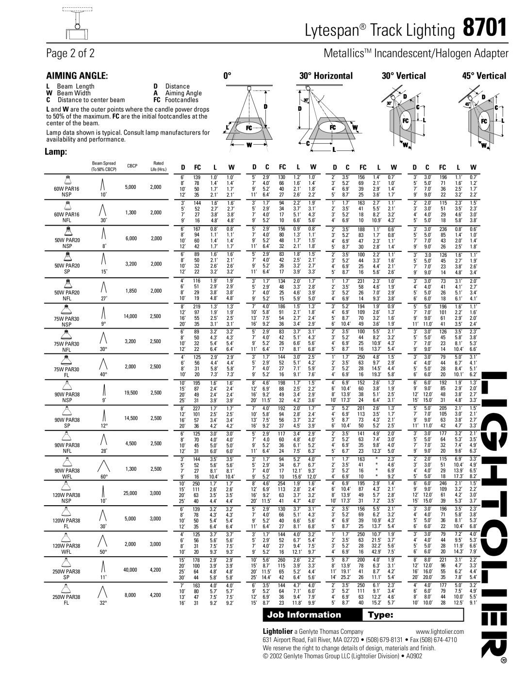 Lightolier 8701 manual Horizontal Vertical, Lamp 