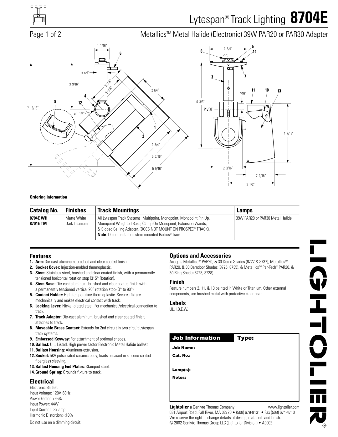 Lightolier 8704E manual Catalog No Finishes Track Mountings Lamps, Features, Electrical, Options and Accessories, Labels 