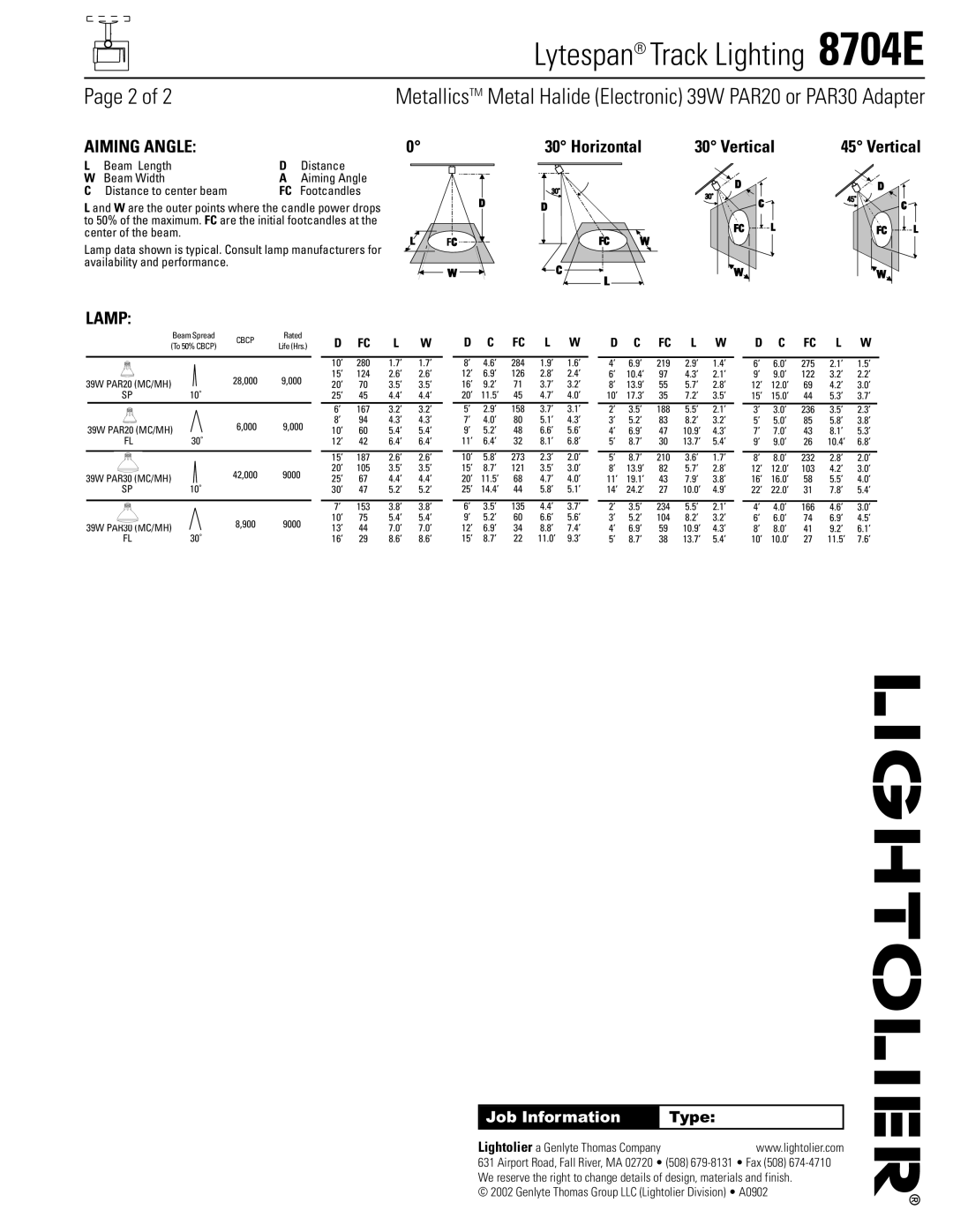 Lightolier 8704E manual Aiming Angle, Horizontal Vertical, Lamp 