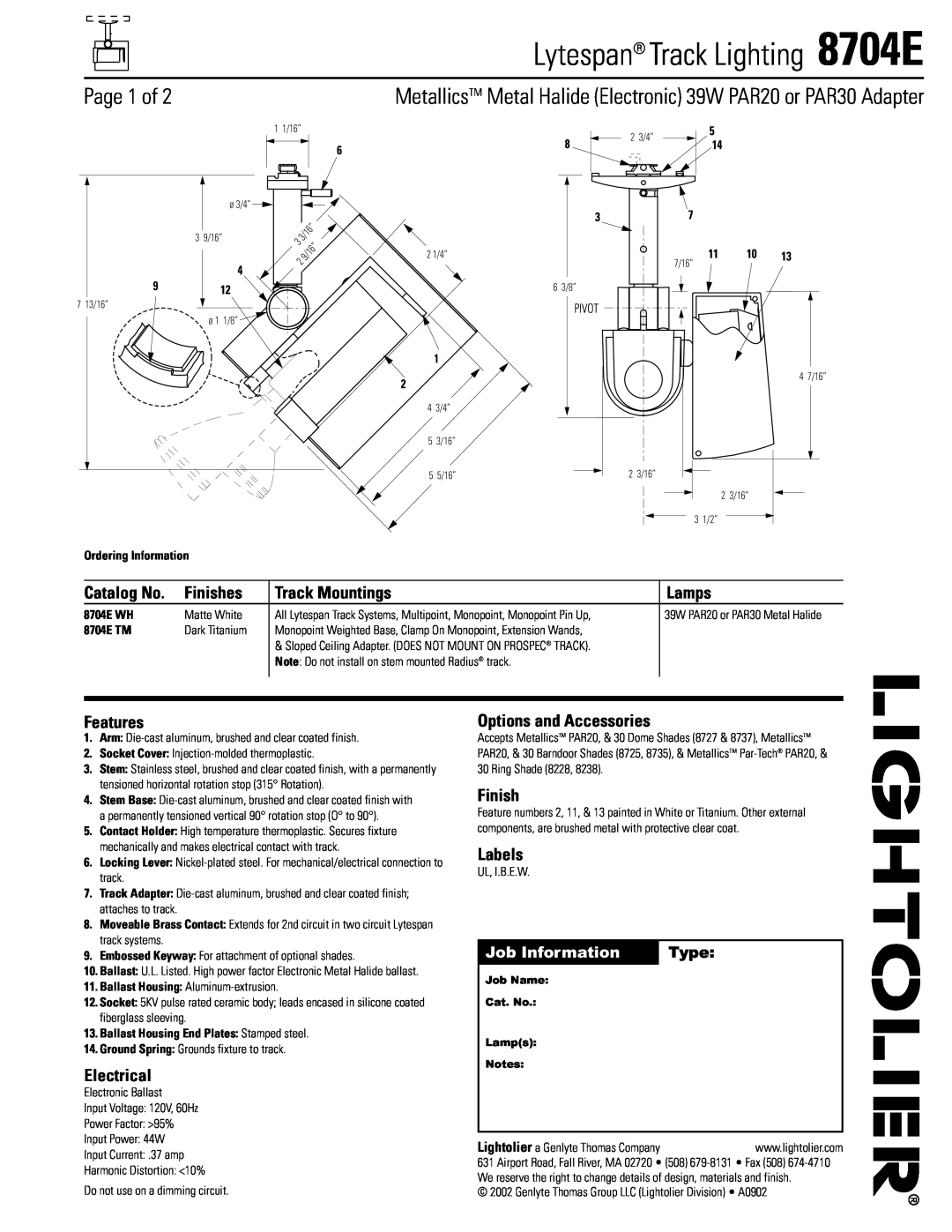 Lightolier 8704E manual Catalog No, Finishes, Track Mountings, Lamps, Features, Electrical, Options and Accessories, Type 