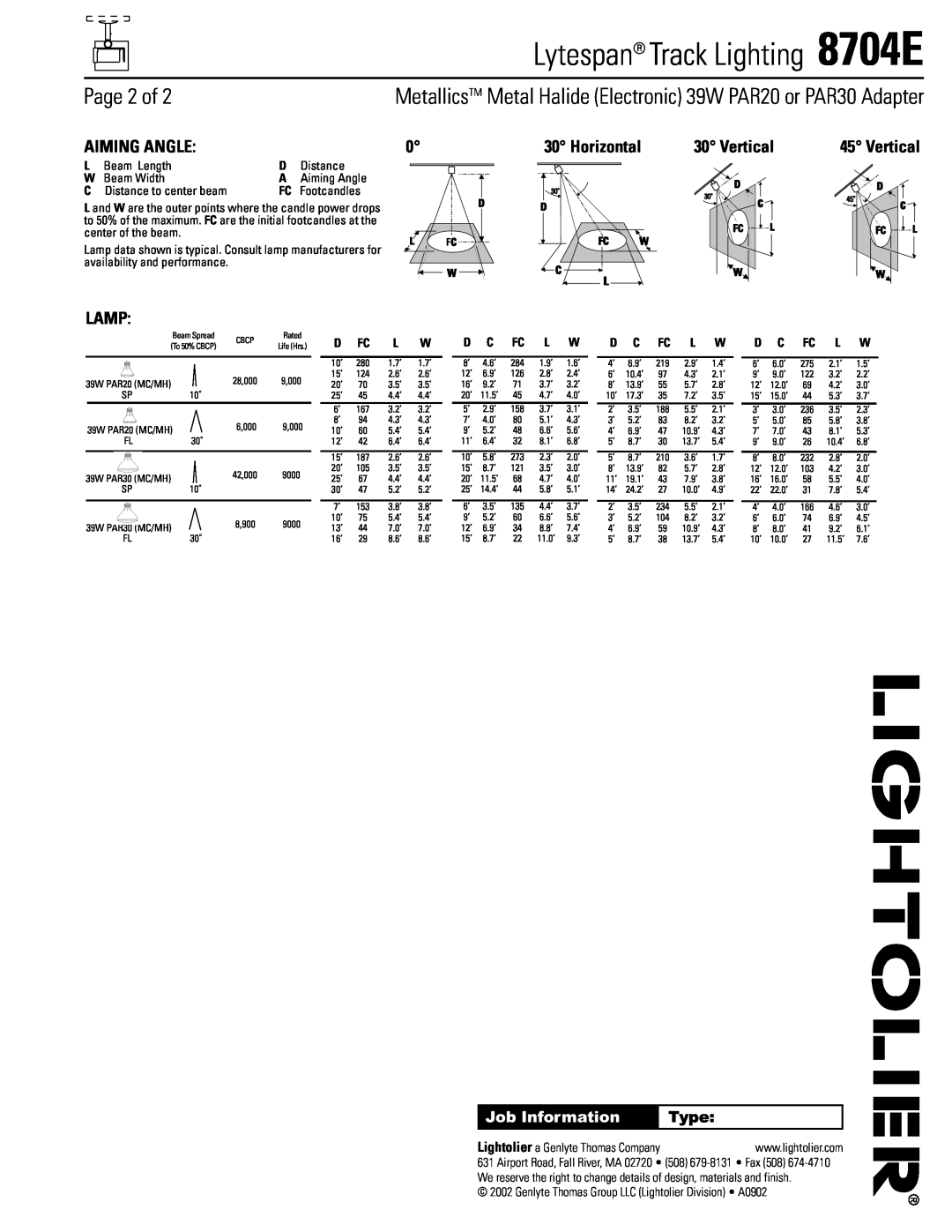 Lightolier 8704E manual Aiming Angle, Horizontal, Vertical, Lamp, Lytespan Track Lighting, Page 2 of, Job Information, Type 