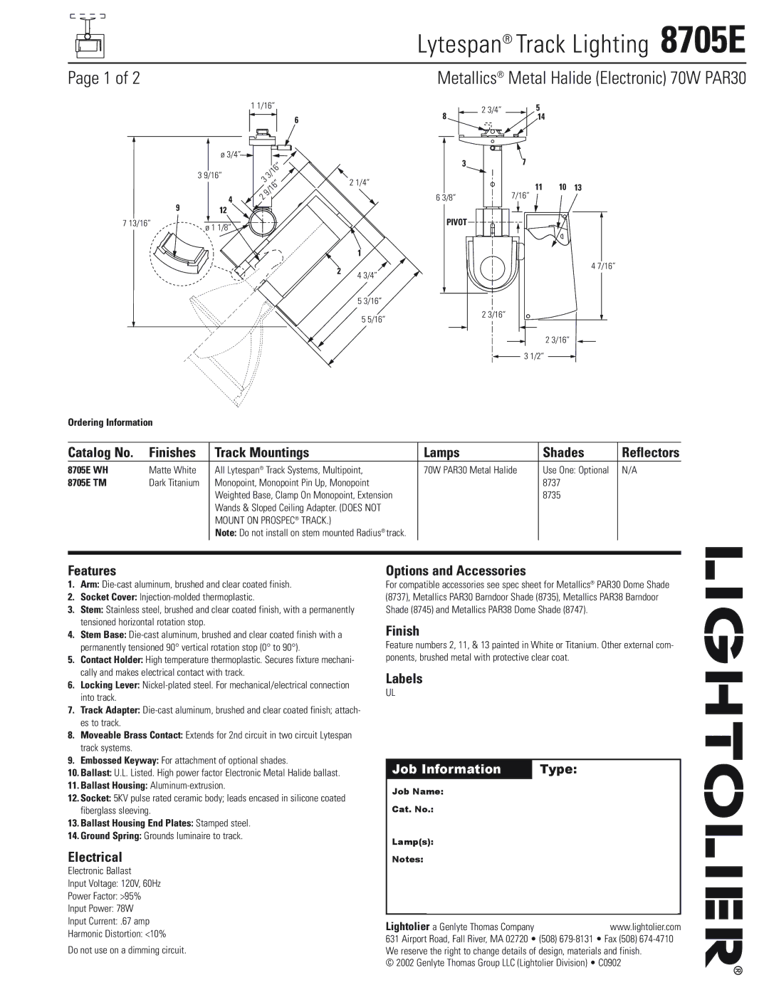 Lightolier 8705E manual Catalog No Finishes Track Mountings Lamps Shades, Features, Electrical, Options and Accessories 