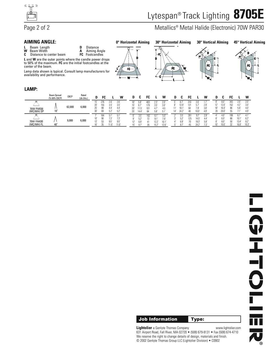 Lightolier Page 2 of, Type, Lytespan Track Lighting 8705E, Metallics Metal Halide Electronic 70W PAR30, Aiming Angle 