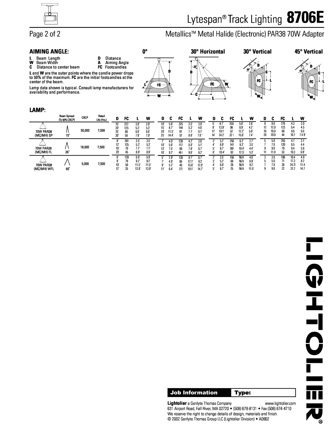 Lightolier 8706E manual Aiming Angle, Horizontal, Vertical, Lamp, Lytespan Track Lighting, Page 2 of, Job Information, Type 
