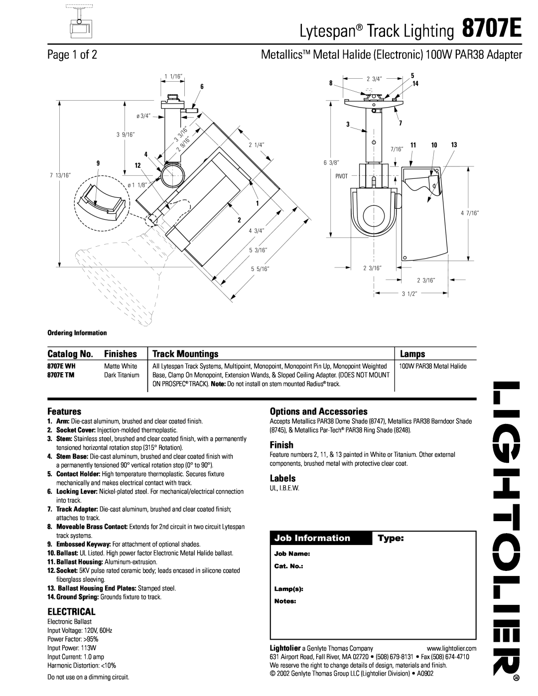 Lightolier 8707E manual Catalog No, Finishes, Track Mountings, Lamps, Features, Electrical, Options and Accessories, Type 