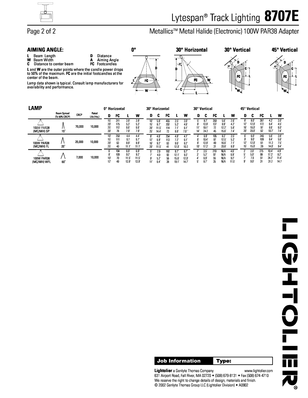 Lightolier 8707E manual Aiming Angle, Horizontal, Vertical, Lamp, Lytespan Track Lighting, Page 2 of, Job Information, Type 