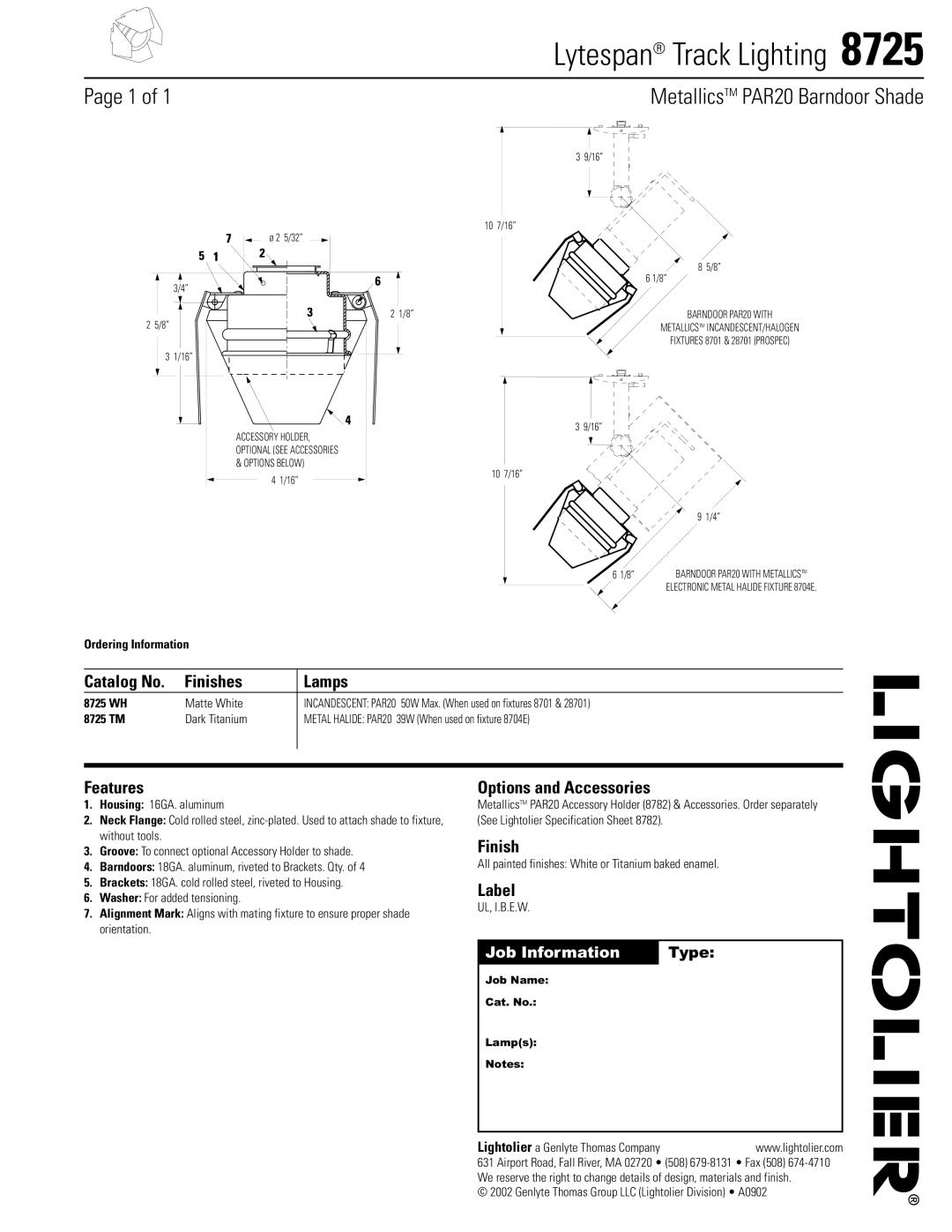 Lightolier 8725 specifications Lytespan Track Lighting 