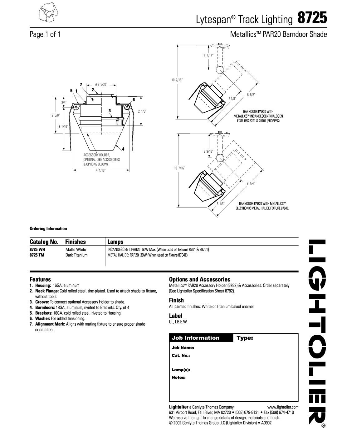Lightolier 8725 specifications Lytespan Track Lighting, Page 1 of, MetallicsTM PAR20 Barndoor Shade, Catalog No, Finishes 