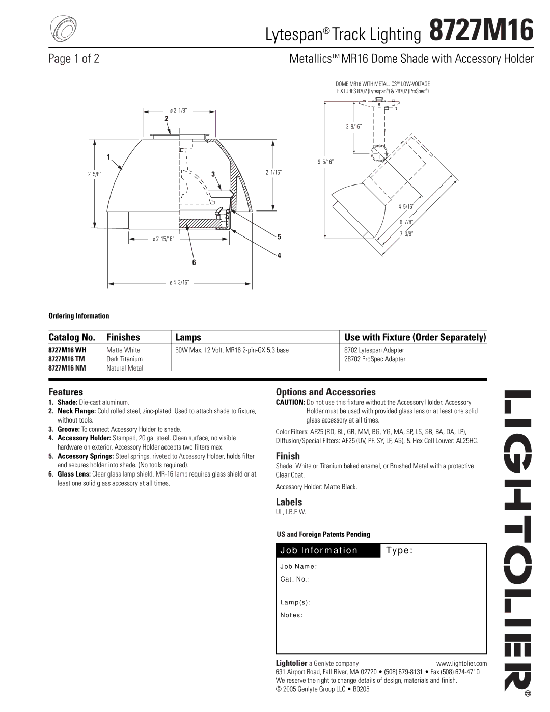 Lightolier 8727M16 manual Catalog No Finishes Lamps, Features, Options and Accessories, Labels 