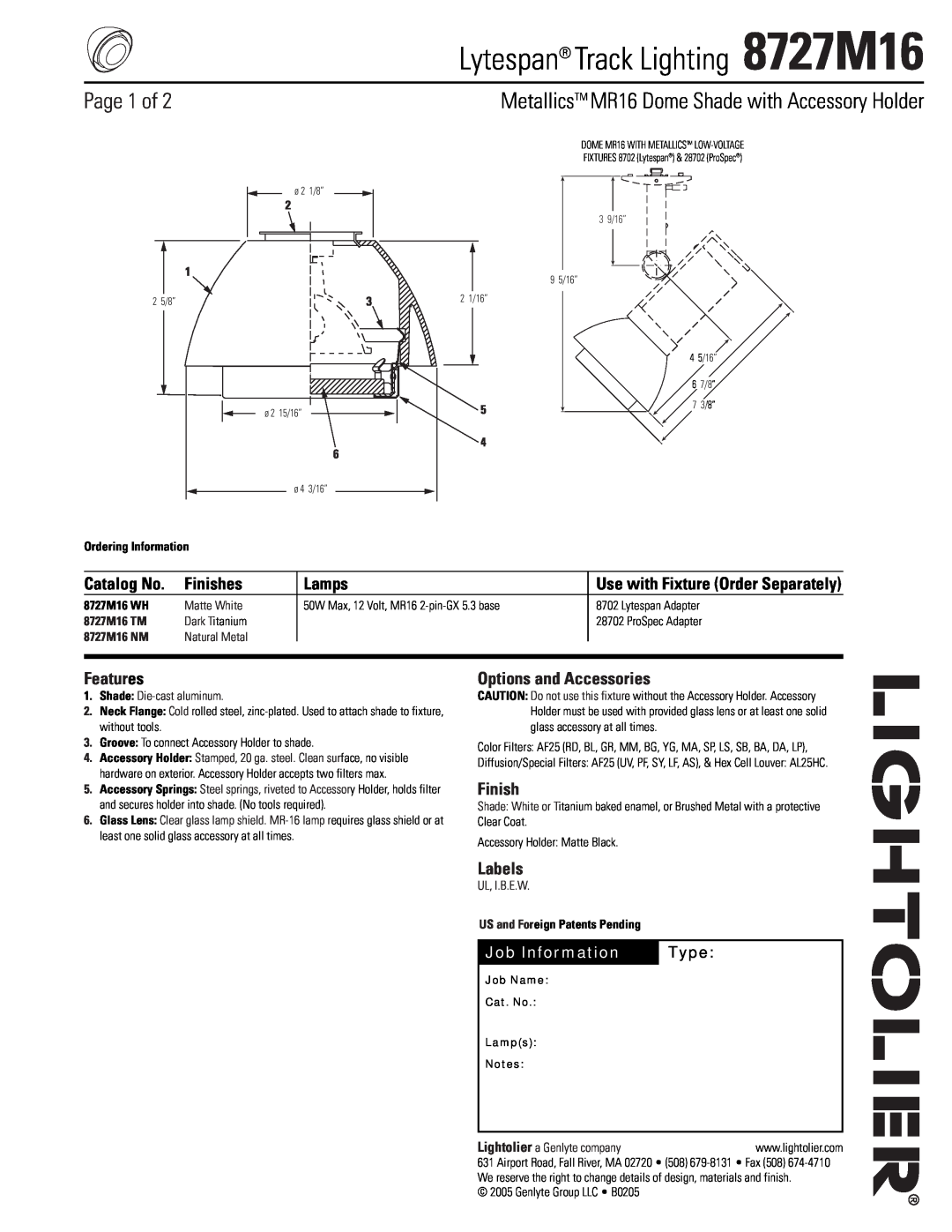 Lightolier manual Lytespan Track Lighting 8727M16, Page 1 of, MetallicsTM MR16 Dome Shade with Accessory Holder, Lamps 