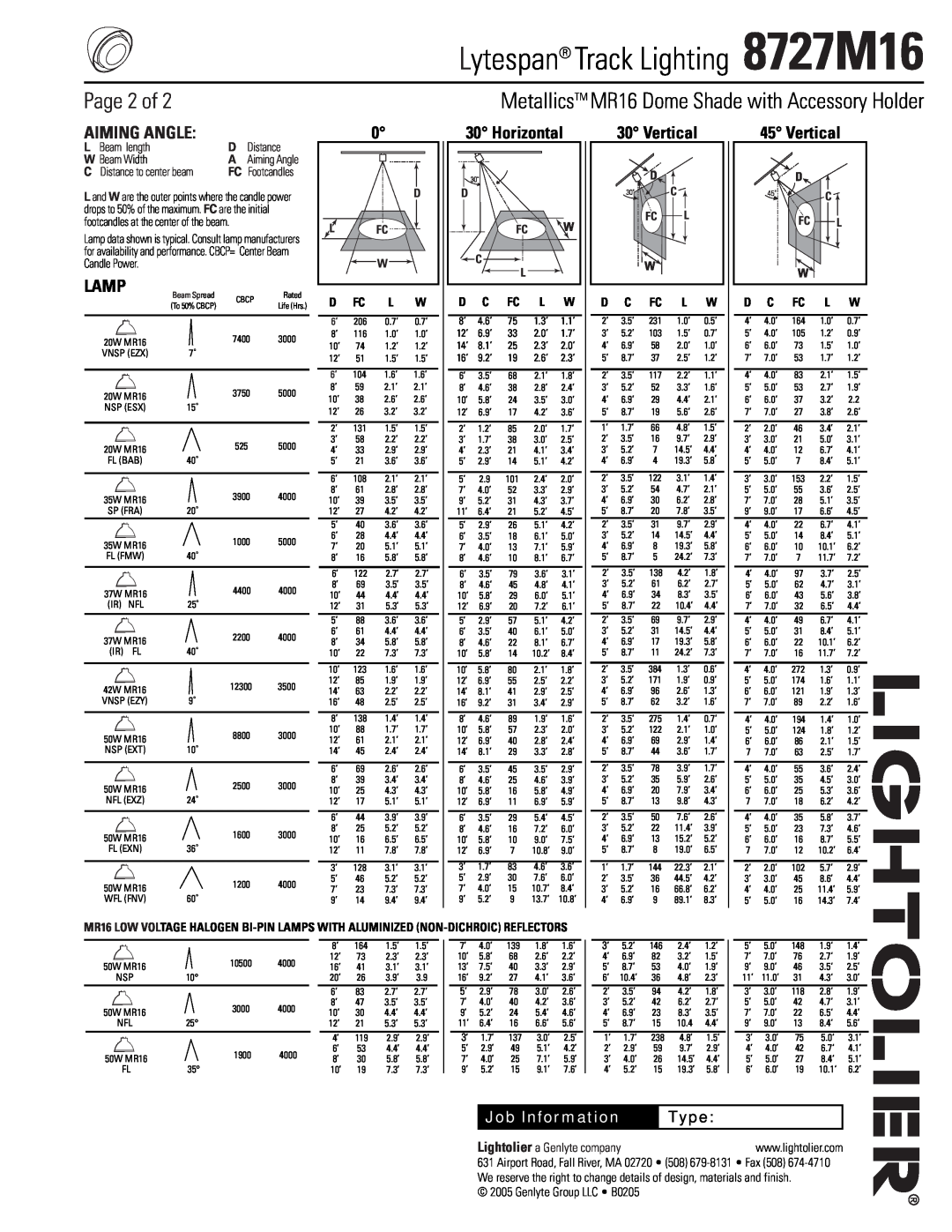 Lightolier 8727M16 manual Page 2 of, Aiming Angle, Lamp, Horizontal, Vertical, L Beam length, Distance, W Beam Width, Type 