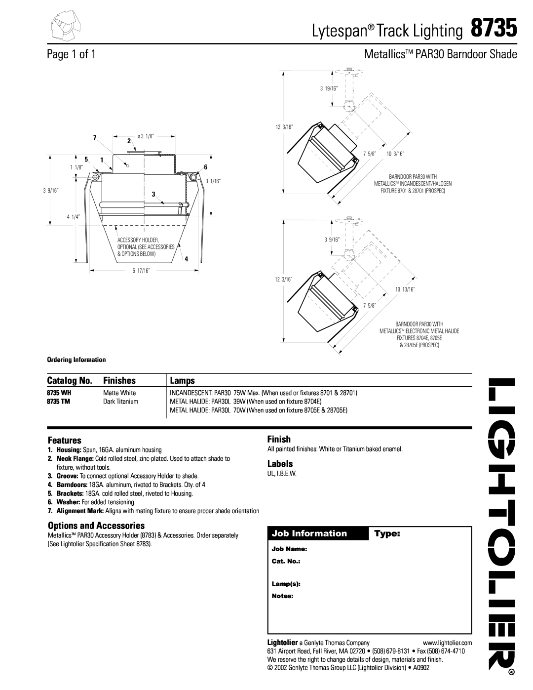 Lightolier 8735 specifications Lytespan Track Lighting, Page 1 of, MetallicsTM PAR30 Barndoor Shade, Lamps, Features, Type 