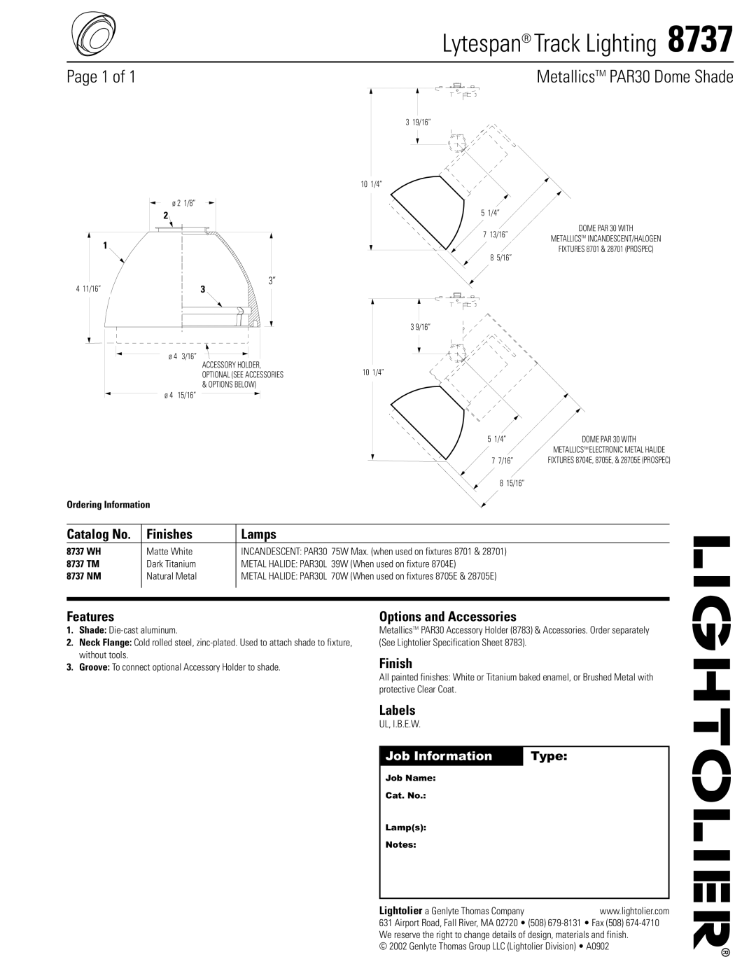 Lightolier 8737 specifications Lytespan Track Lighting, MetallicsTM PAR30 Dome Shade 