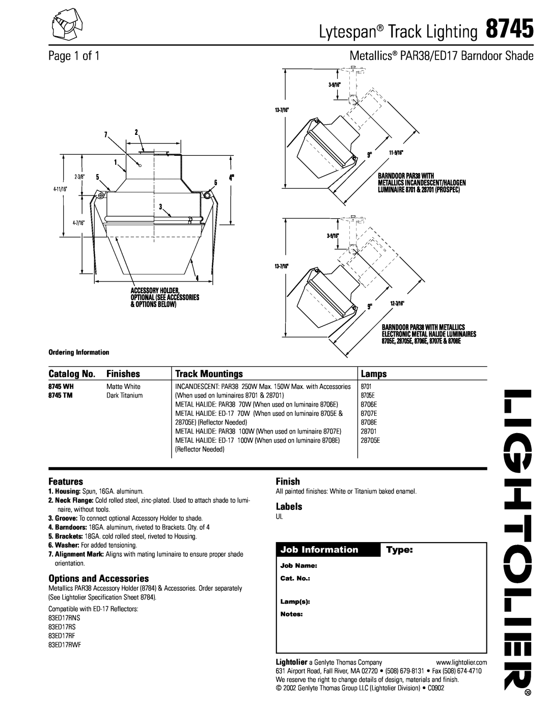 Lightolier 8745 specifications Lytespan Track Lighting, Page 1 of, Metallics PAR38/ED17 Barndoor Shade, Catalog No, Lamps 