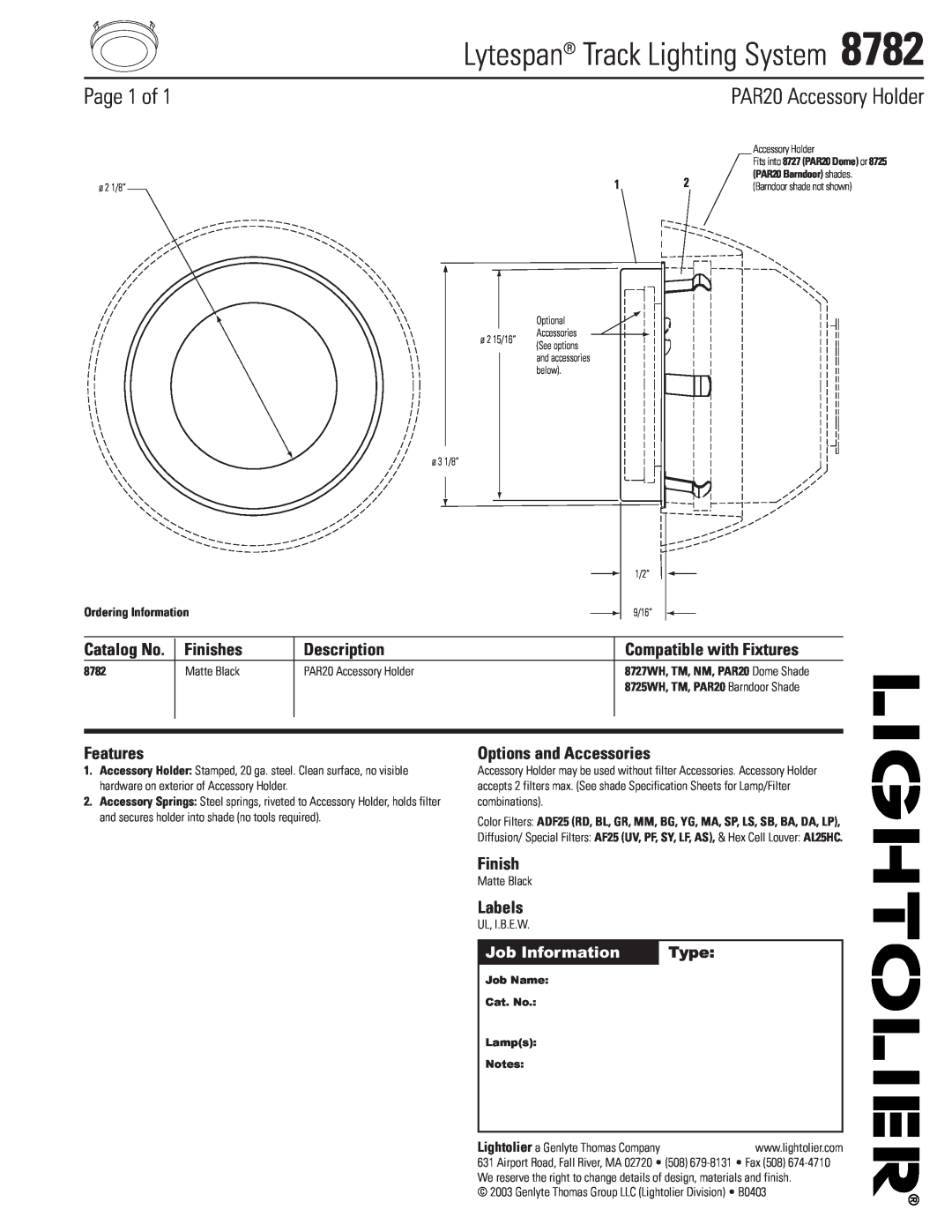 Lightolier 8782 specifications Lytespan Track Lighting System, Page 1 of, PAR20 Accessory Holder, Finishes, Description 