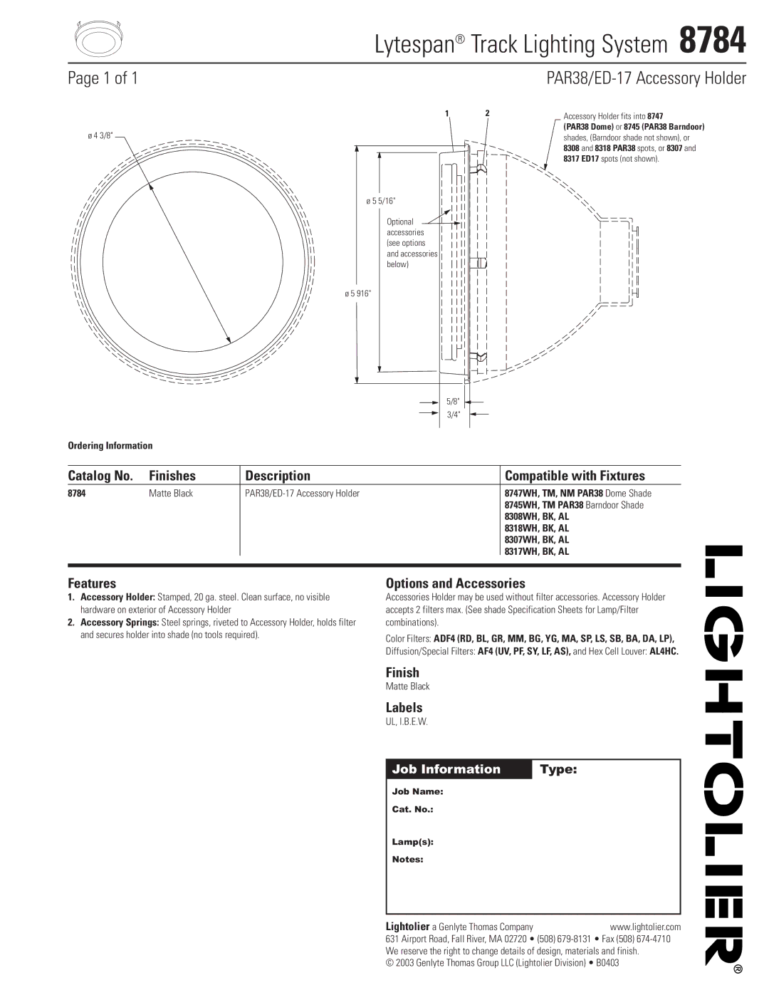 Lightolier 8784 specifications Lytespan Track Lighting System 