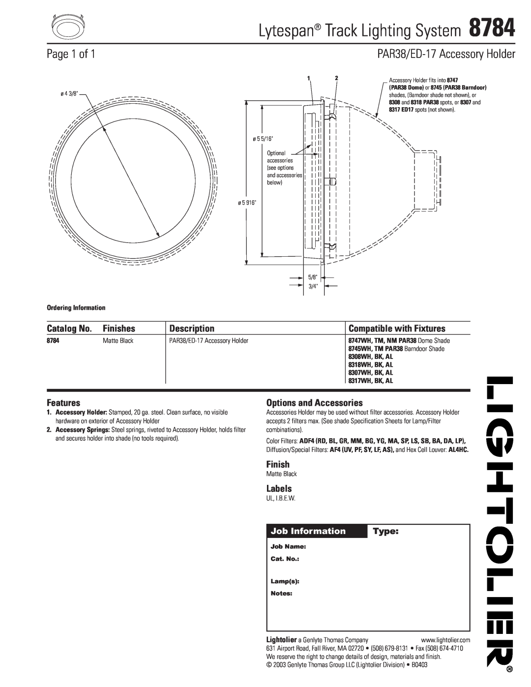 Lightolier 8784 specifications Lytespan Track Lighting System, Page 1 of, PAR38/ED-17Accessory Holder, Catalog No, Finish 