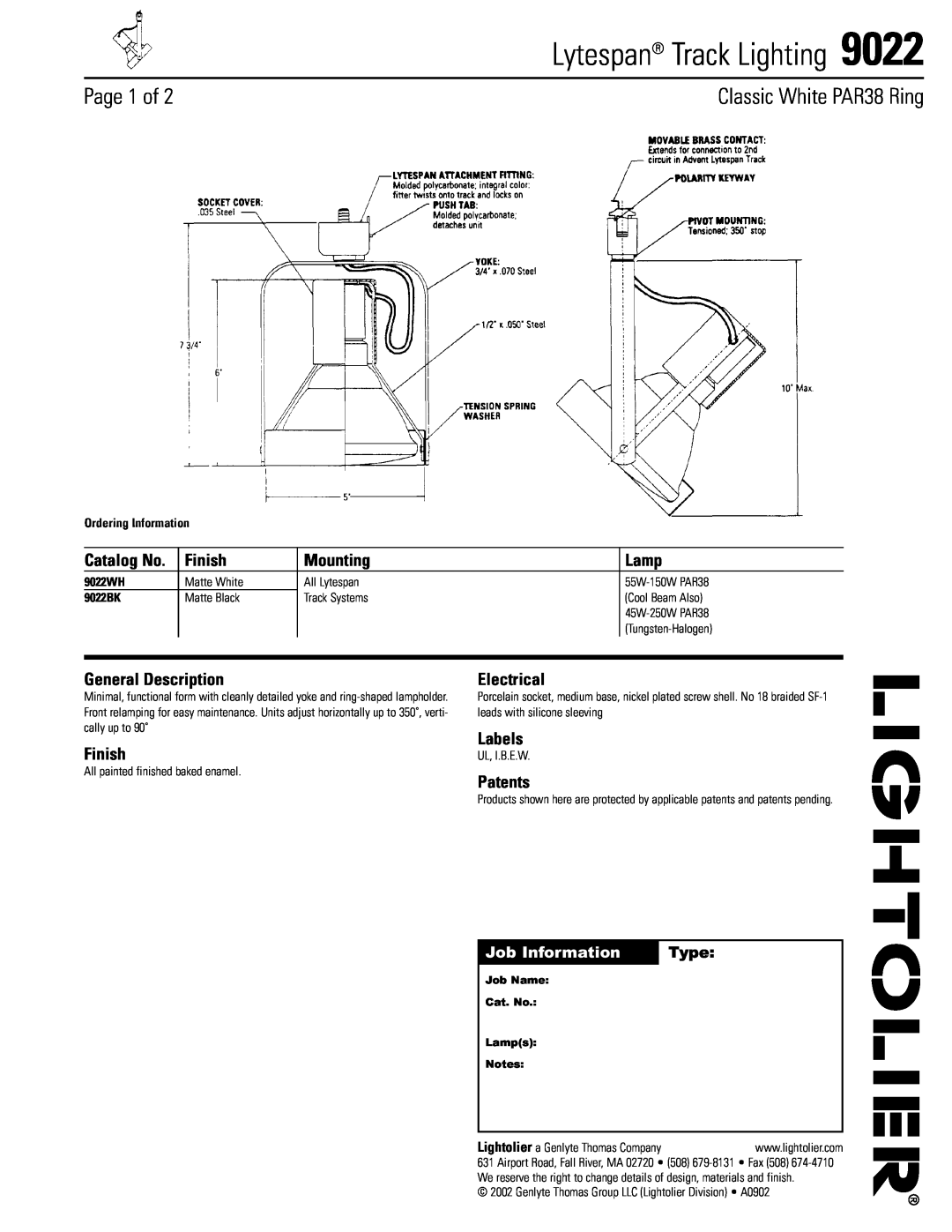 Lightolier 9022 manual Lytespan Track Lighting, Page 1 of, Classic White PAR38 Ring, Finish, Mounting, Lamp, Electrical 