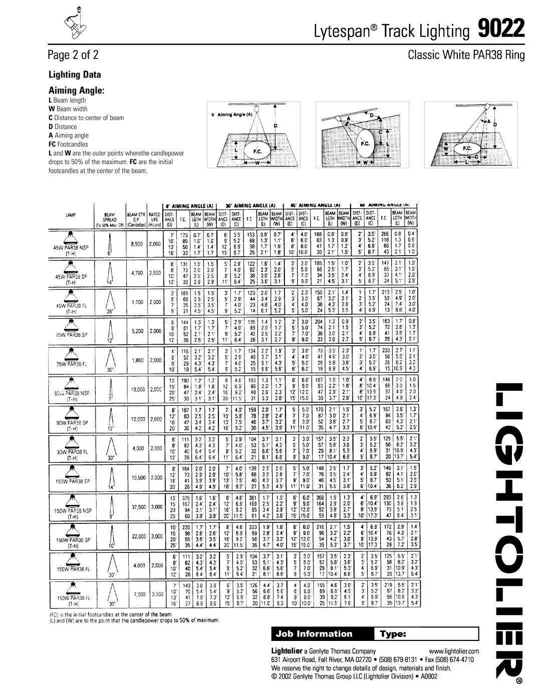 Lightolier 9022 Page 2 of, Lighting Data Aiming Angle, Lytespan Track Lighting, Classic White PAR38 Ring, Job Information 