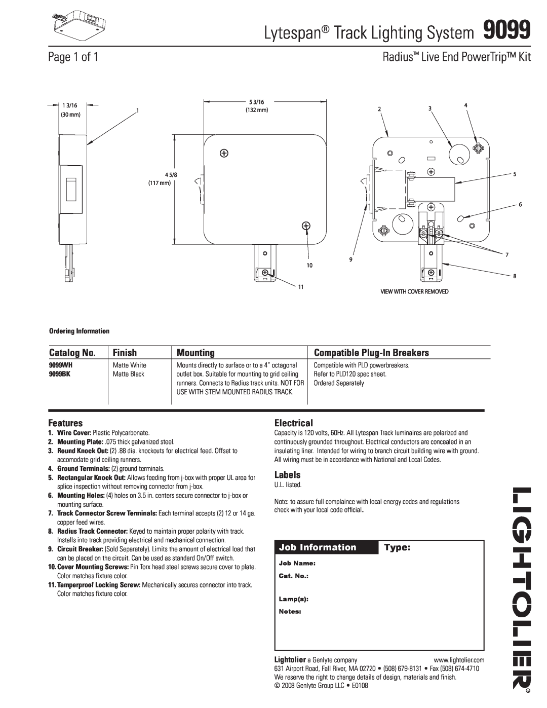 Lightolier 9099 manual Lytespan Track Lighting System, Page 1 of, Radius Live End PowerTrip Kit, Catalog No, Finish, Type 
