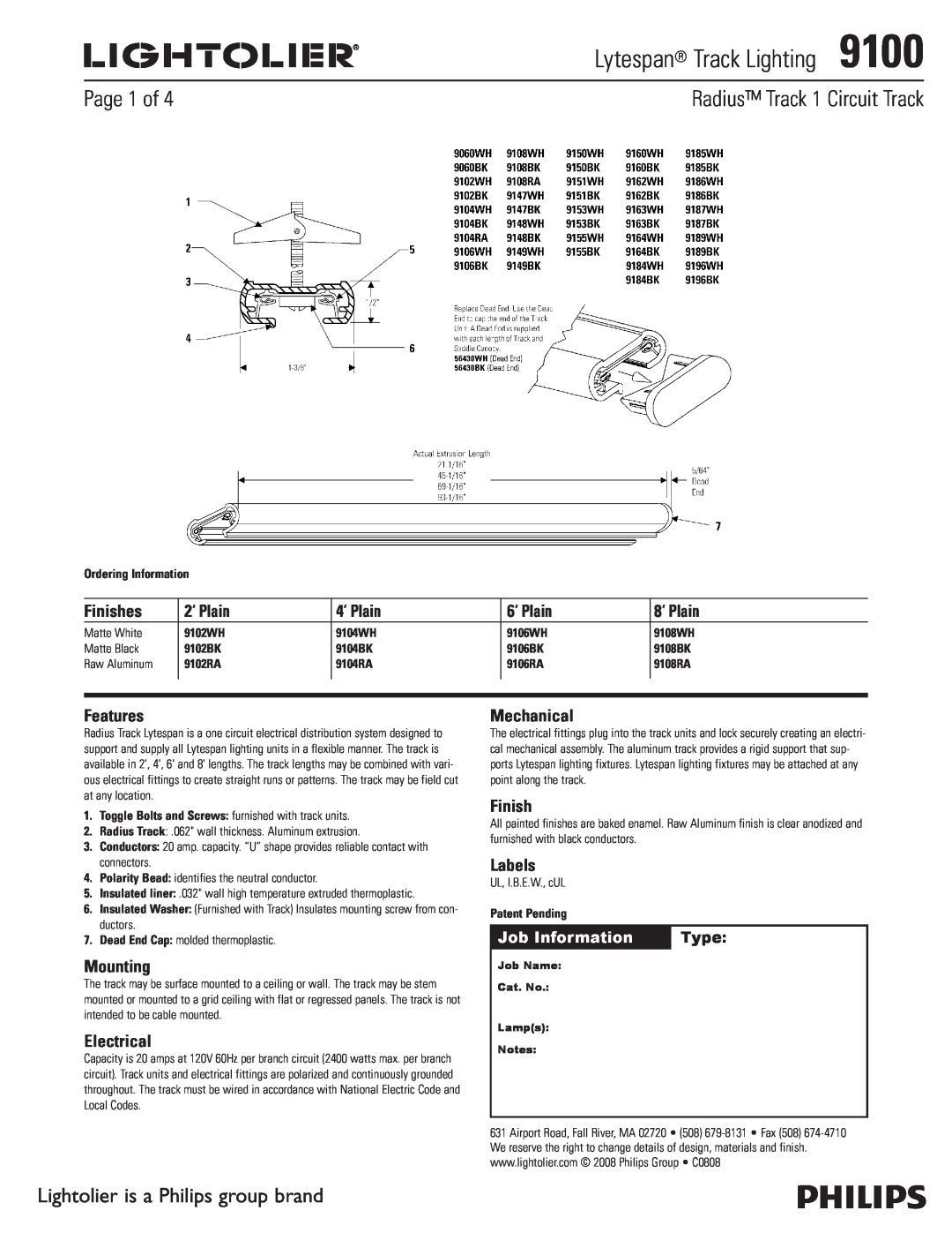 Lightolier manual Lytespan Track Lighting9100, Radius Track 1 Circuit Track, Page 1 of, Finishes, 2‘ Plain, 4‘ Plain 
