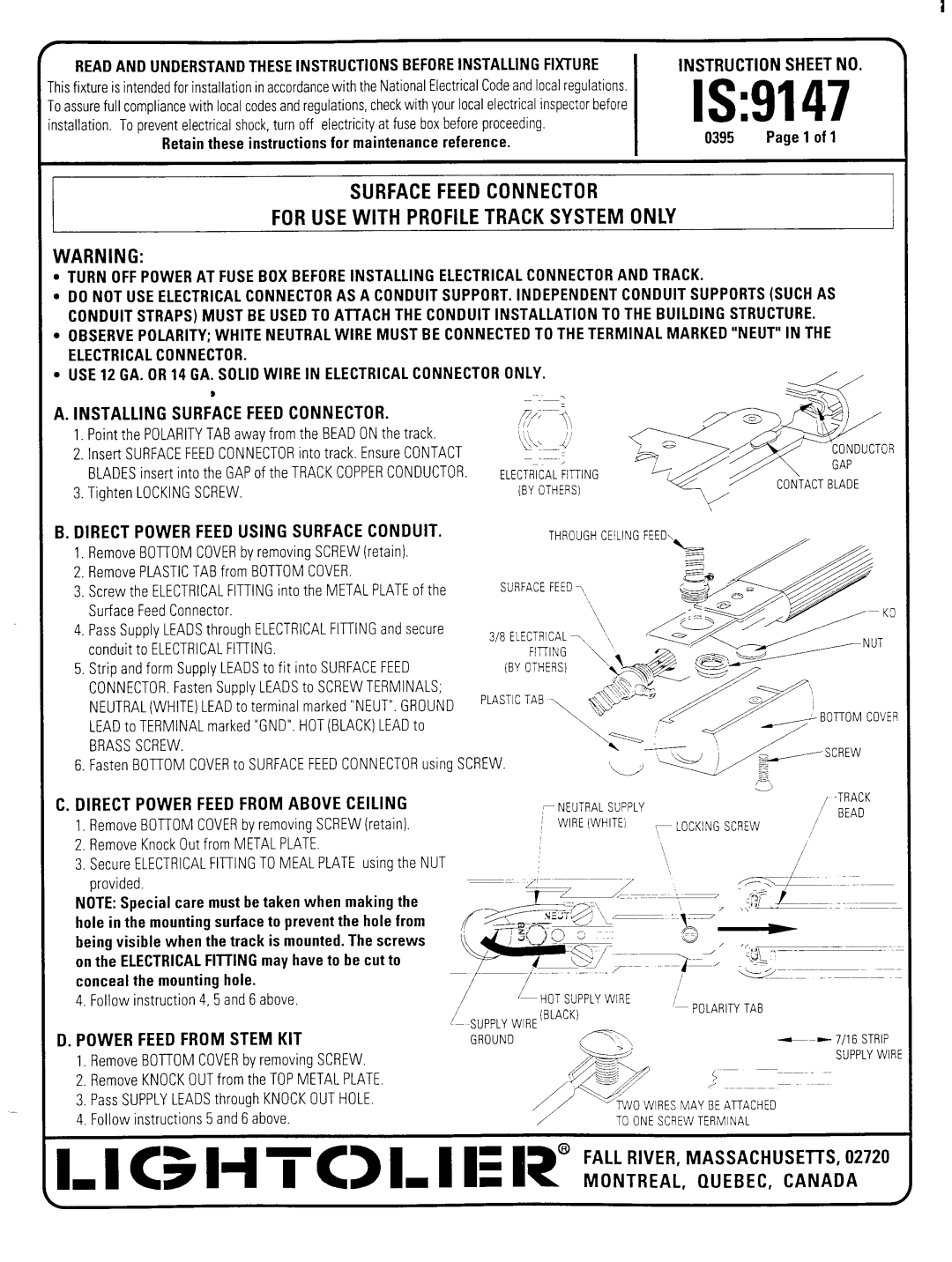 Lightolier instruction sheet IS9147, Surfacefeedconnector Foruse with Profiletracksystem only, Power Feed from Stem KIT 