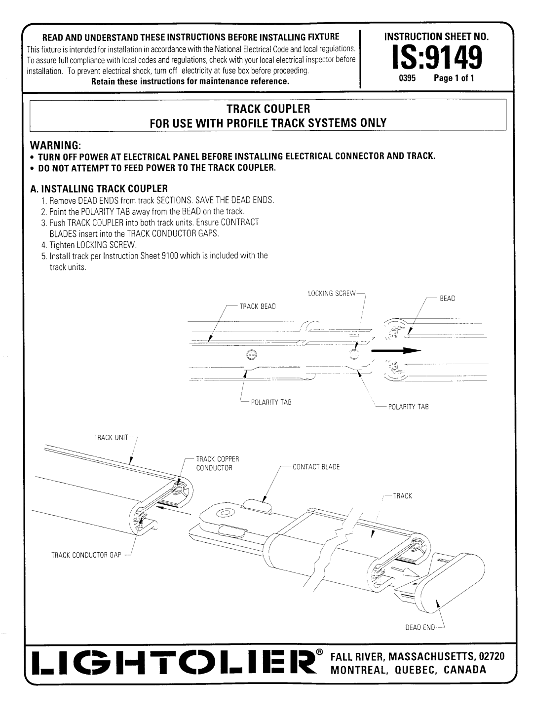 Lightolier instruction sheet IS9149, Trackcoupler For USE with Profile Track Systems only, Installing Track Coupler 