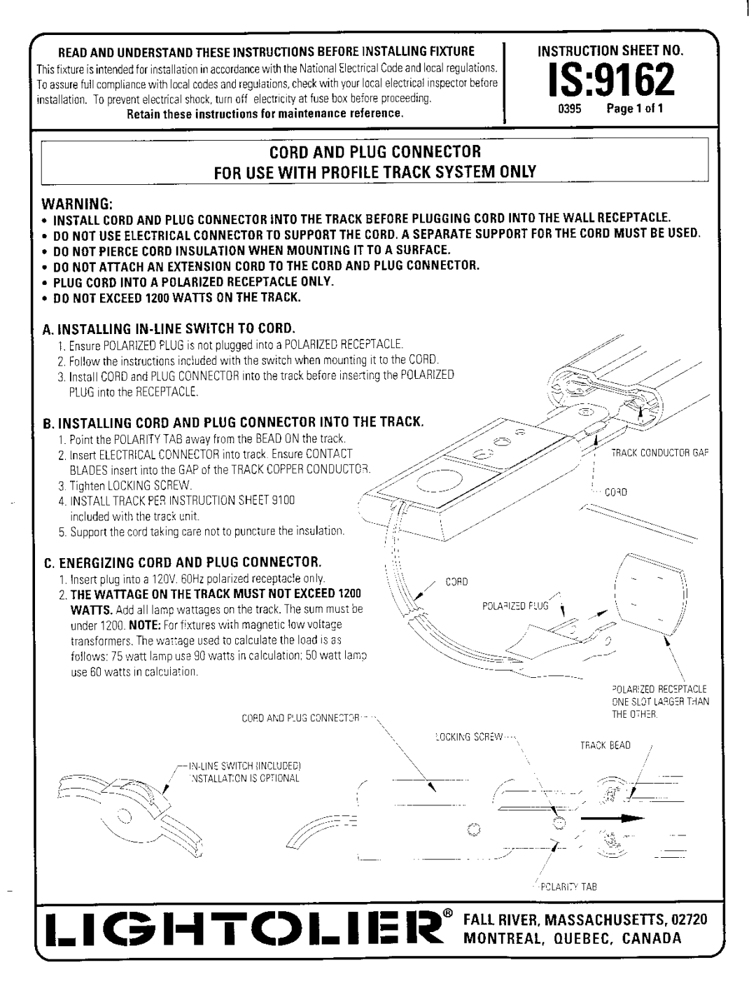 Lightolier instruction sheet IS9162, Installing IN-LINE Switch to Cord, Energizing Cord and Plug Connector, ’\‘ 