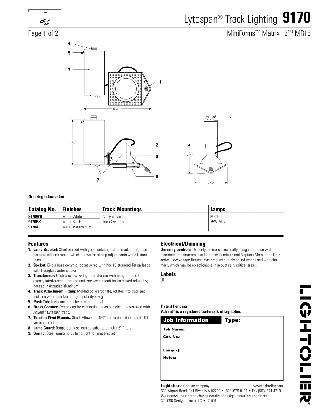 Lightolier 9170 manual Finishes Track Mountings Lamps, Features, Electrical/Dimming, Labels 