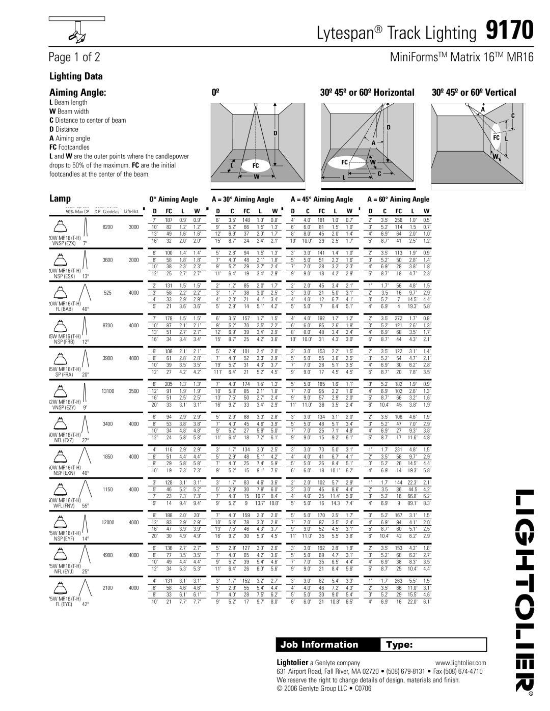 Lightolier 9170 manual Lighting Data Aiming Angle 30º 45º or 60º Horizontal, Lamp 