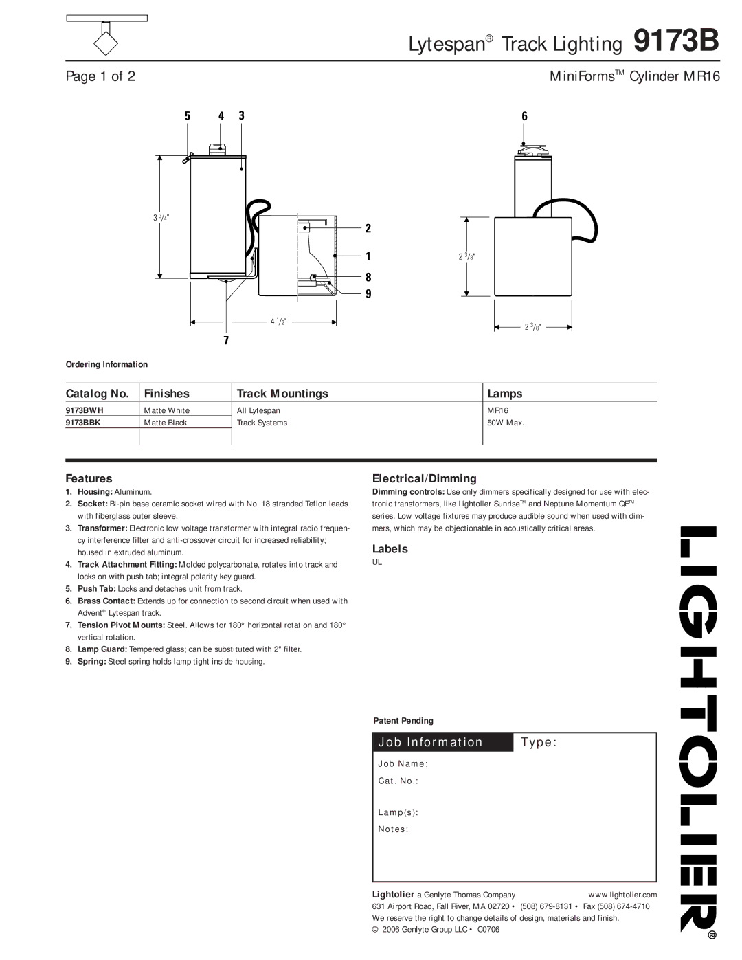 Lightolier 9173B manual Finishes Track Mountings Lamps, Features, Electrical/Dimming, Labels 