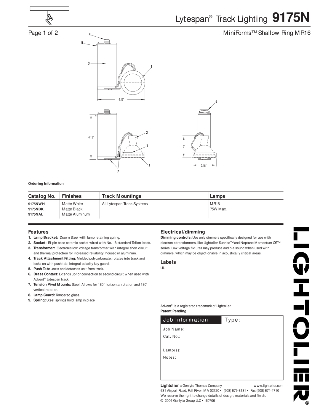 Lightolier manual Lytespan Track Lighting 9175N, Page 1 of, MiniForms Shallow Ring MR16, Job Information, Type, Lamps 