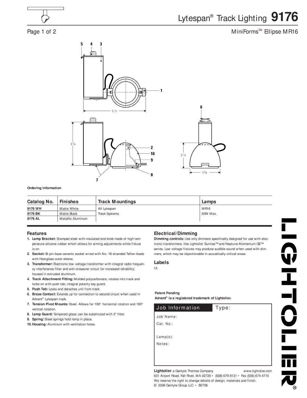 Lightolier 9176 manual Finishes Track Mountings Lamps, Features, Electrical/Dimming, Labels 