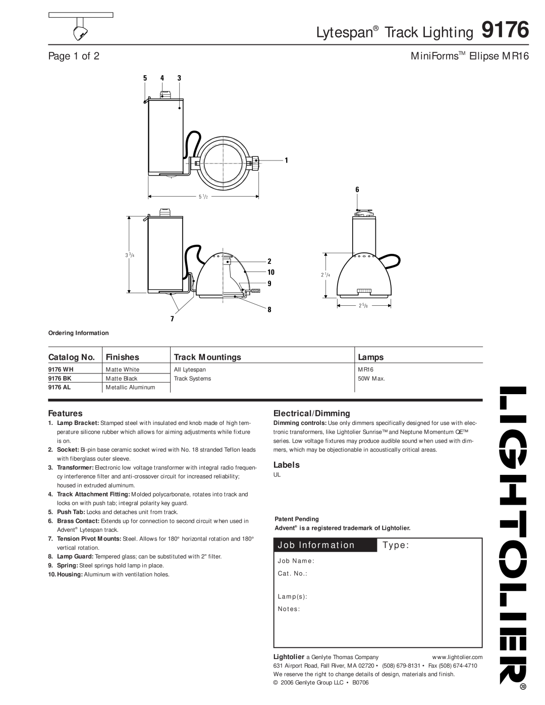 Lightolier 9176 manual Page 1 of, MiniFormsTM Ellipse MR16, Finishes, Track Mountings, Lamps, Features, Electrical/Dimming 