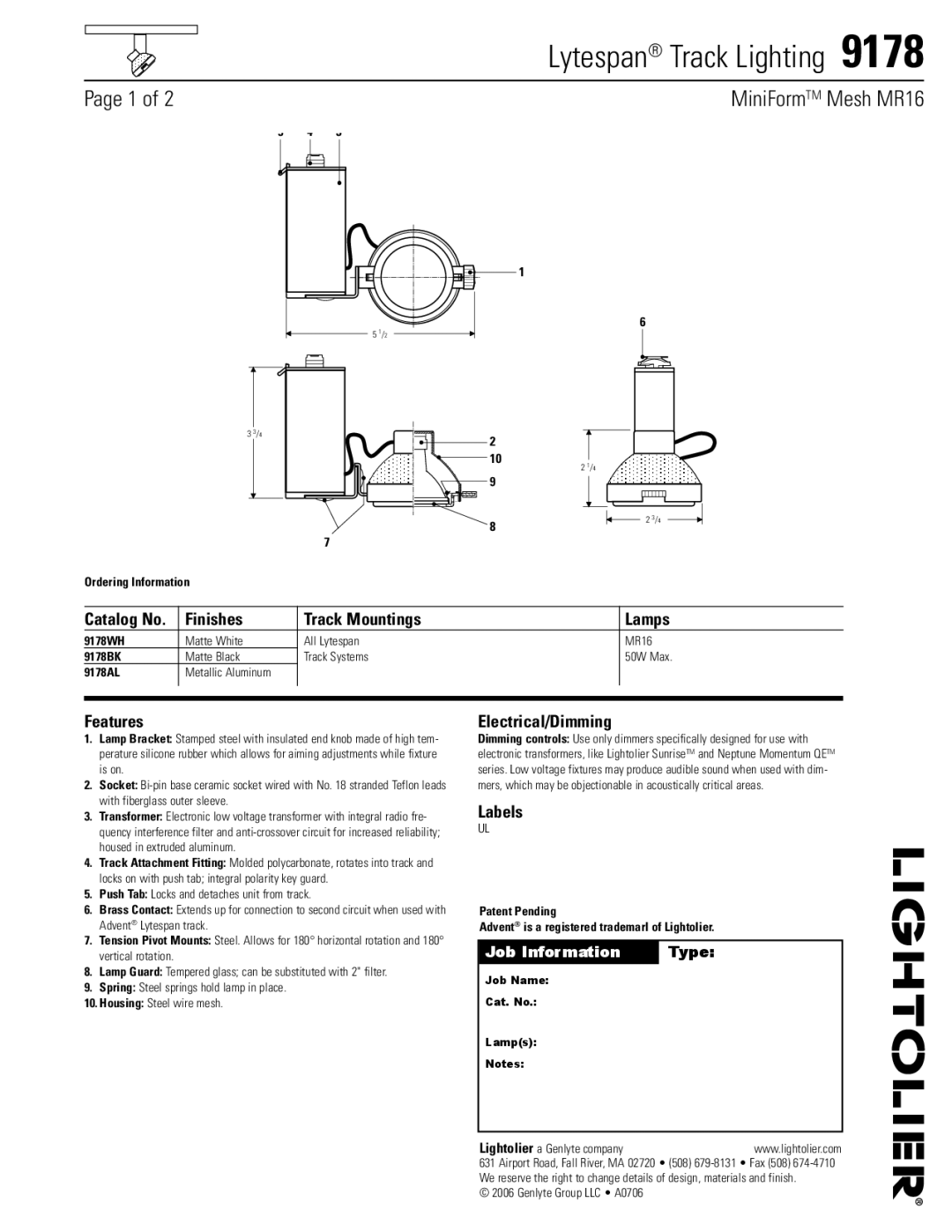 Lightolier 9178 manual Finishes Track Mountings Lamps, Features, Electrical/Dimming, Labels 