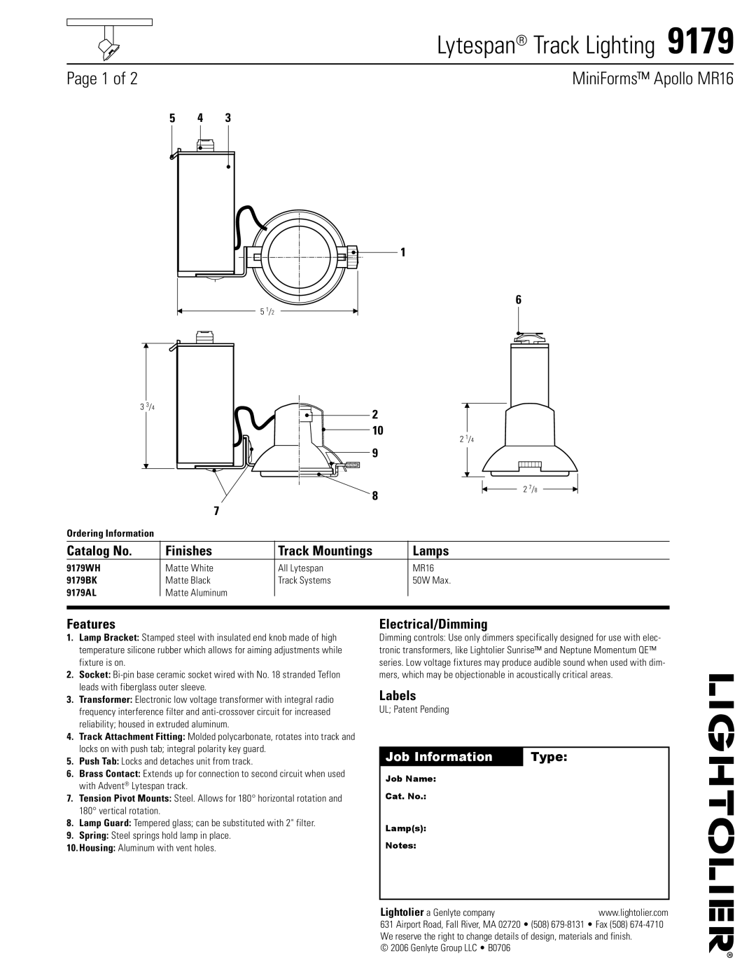 Lightolier 9179 manual Catalog No Finishes Track Mountings Lamps, Features, Electrical/Dimming, Labels 