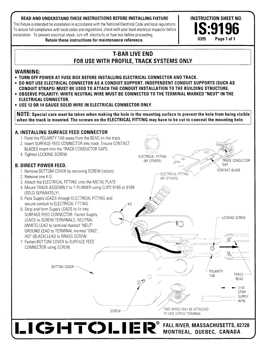 Lightolier instruction sheet IS9196, BAR Live END For USE with PROFILE, Track Systems only, Direct Power Feed 