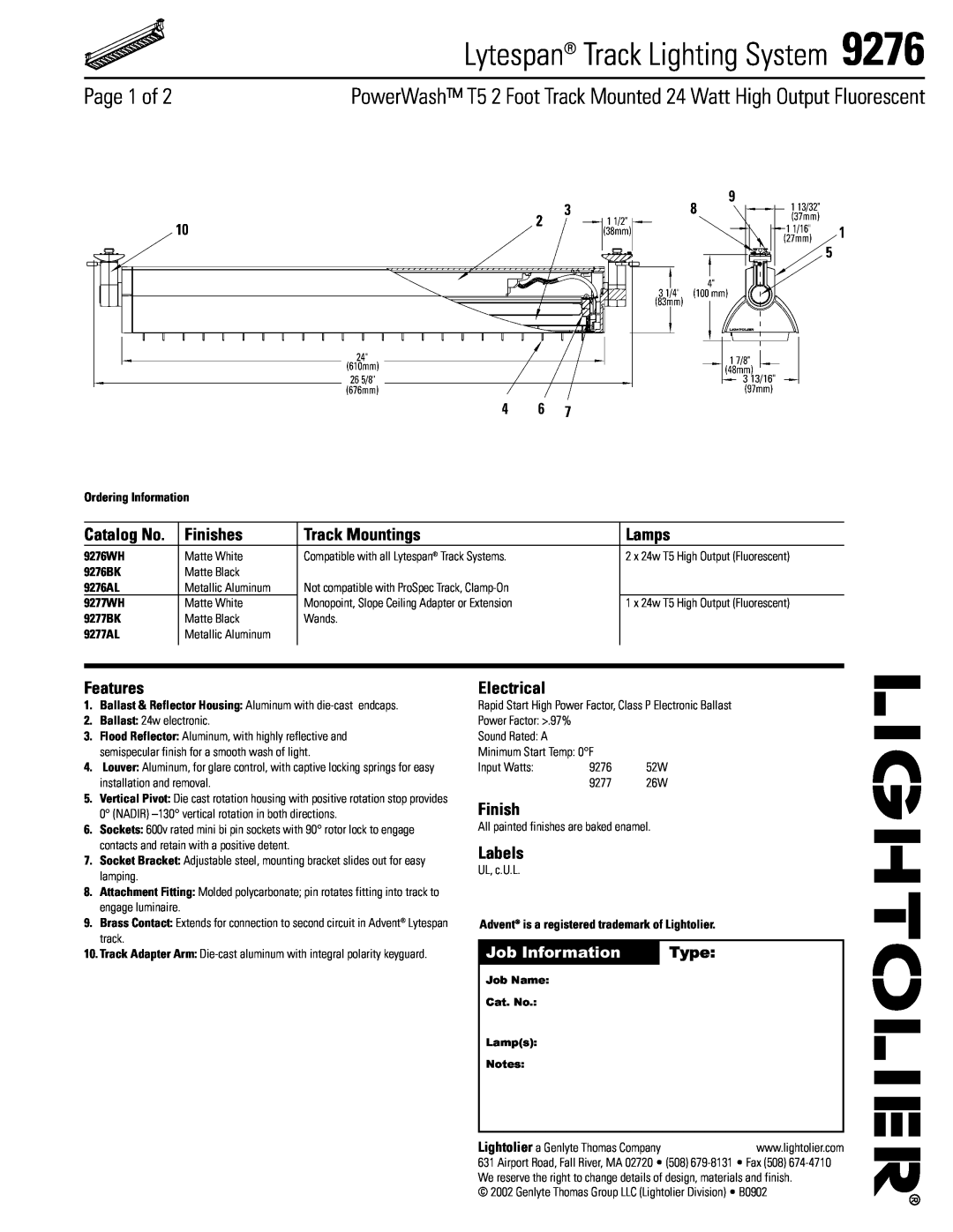 Lightolier 9276 manual Page 1 of, Finishes, Track Mountings, Lamps, Features, Electrical, Labels, Job Information, Type 