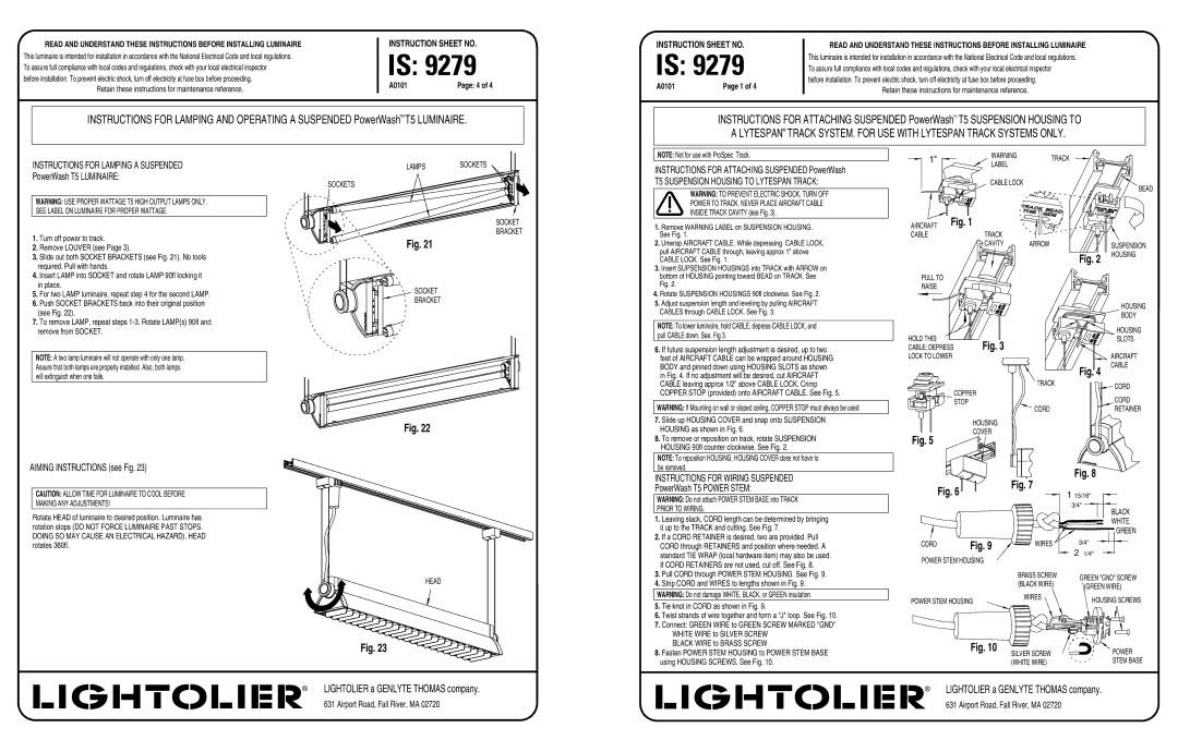 Lightolier 9279 instruction sheet Instructions for Lamping a Suspended, T5 Suspension Housing to Lytespan Track 