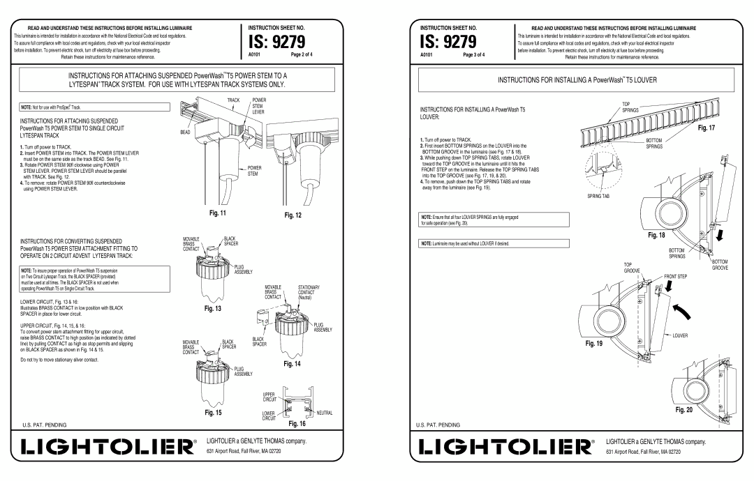 Lightolier 9279 instruction sheet Instructions for Attaching Suspended, Louver, Lytespan Track 