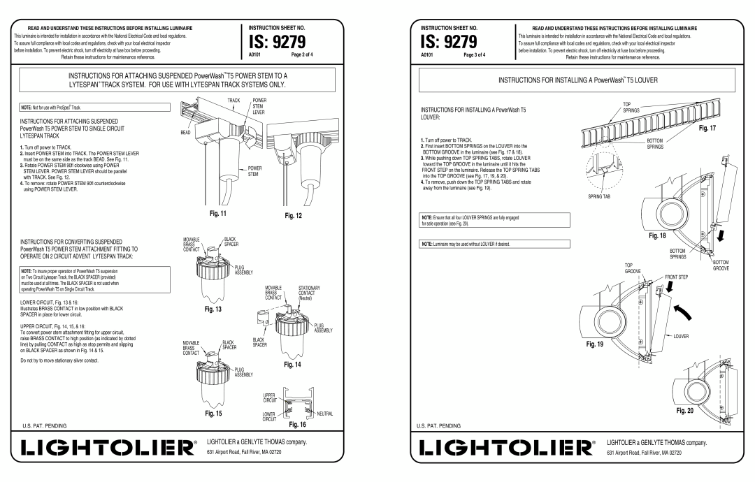 Lightolier 9279 Instructions For Attaching Suspended, PowerWash T5 POWER STEM TO SINGLE CIRCUIT, Lytespan Track 