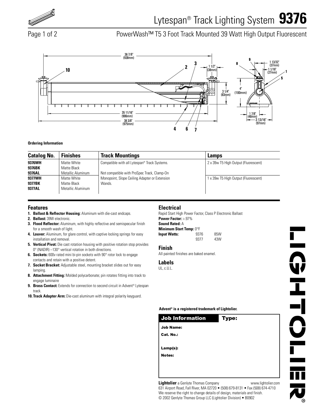 Lightolier 9376 manual Finishes Track Mountings Lamps, Features, Electrical, Labels 