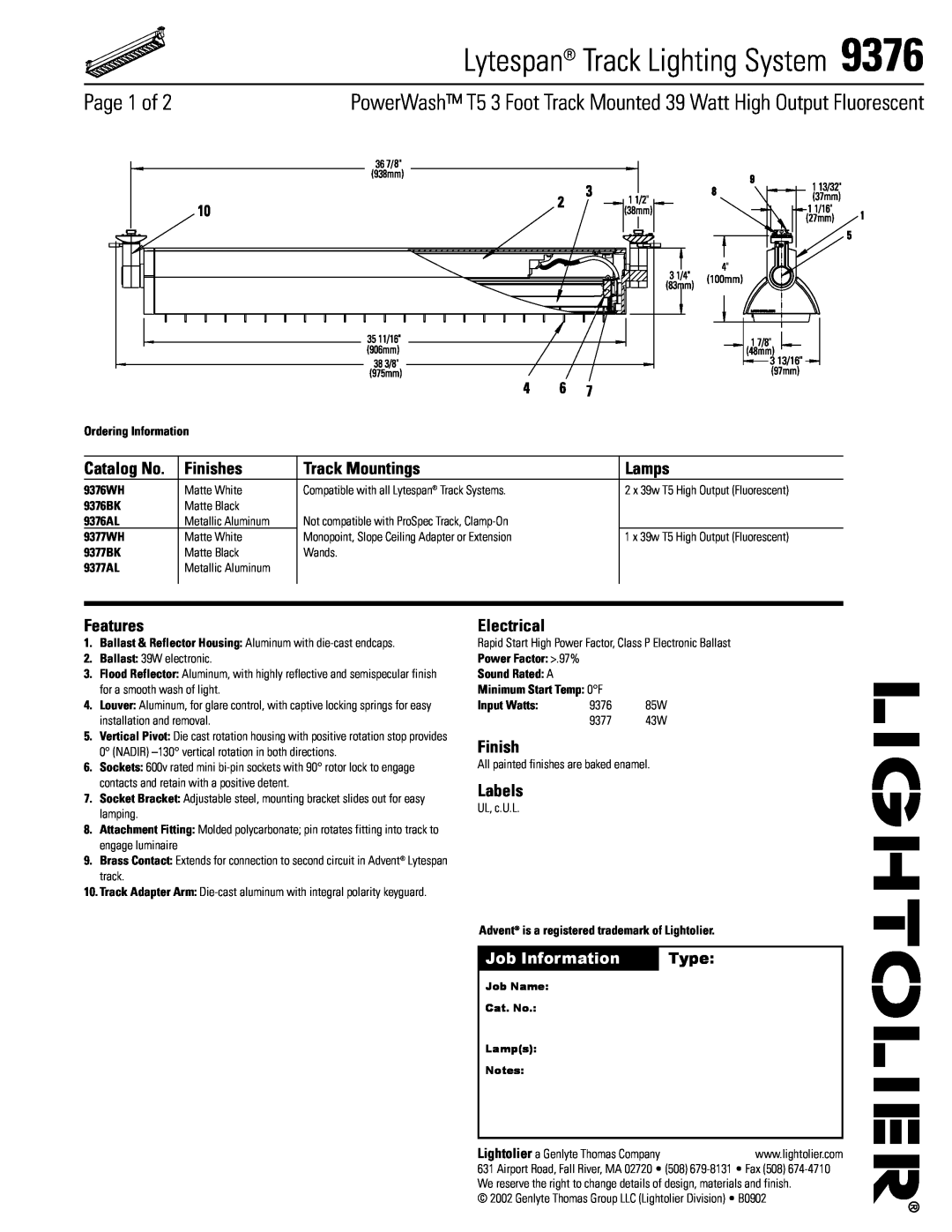Lightolier 9376 manual Page 1 of, Finishes, Track Mountings, Lamps, Features, Electrical, Labels, Job Information, Type 
