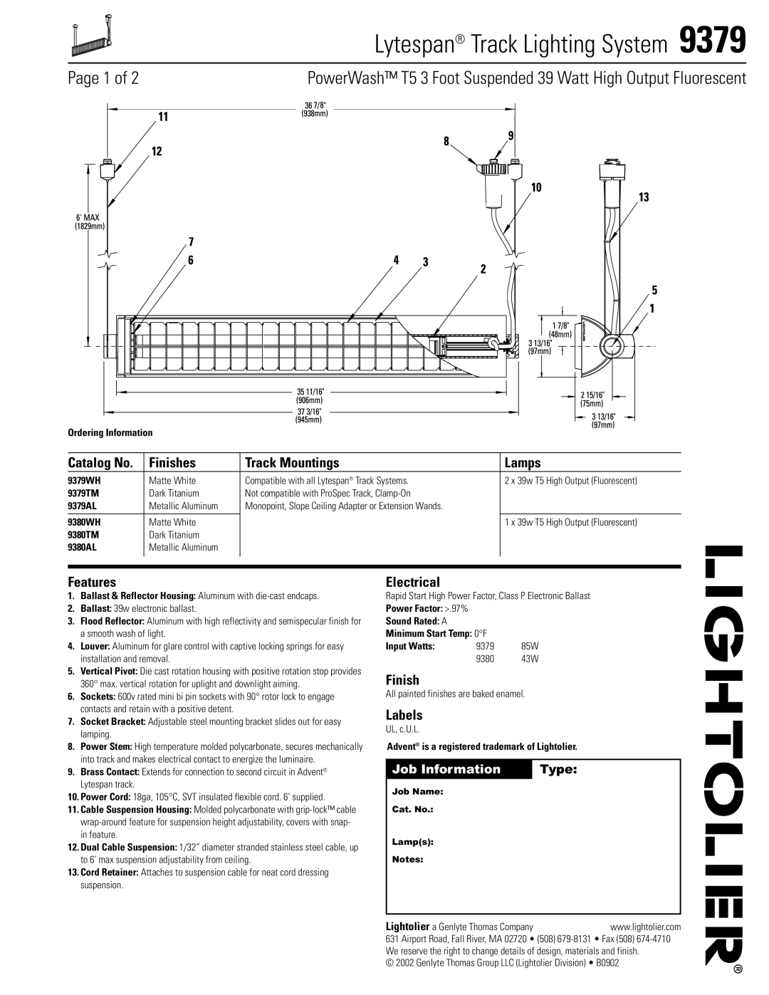 Lightolier 9379 manual Finishes Track Mountings Lamps, Features, Electrical, Labels 