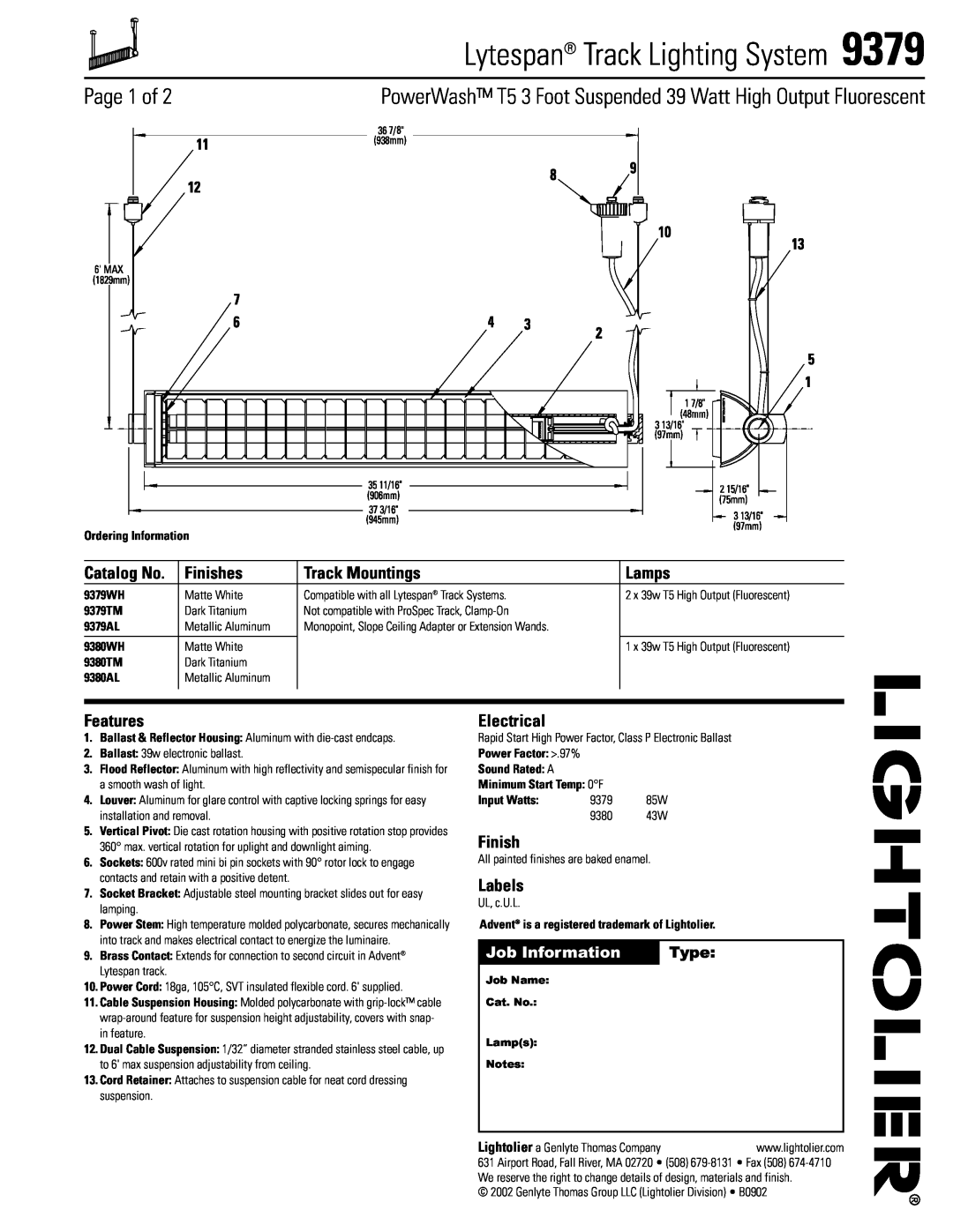Lightolier 9379 manual Page 1 of, Finishes, Track Mountings, Lamps, Features, Electrical, Labels, Job Information, Type 