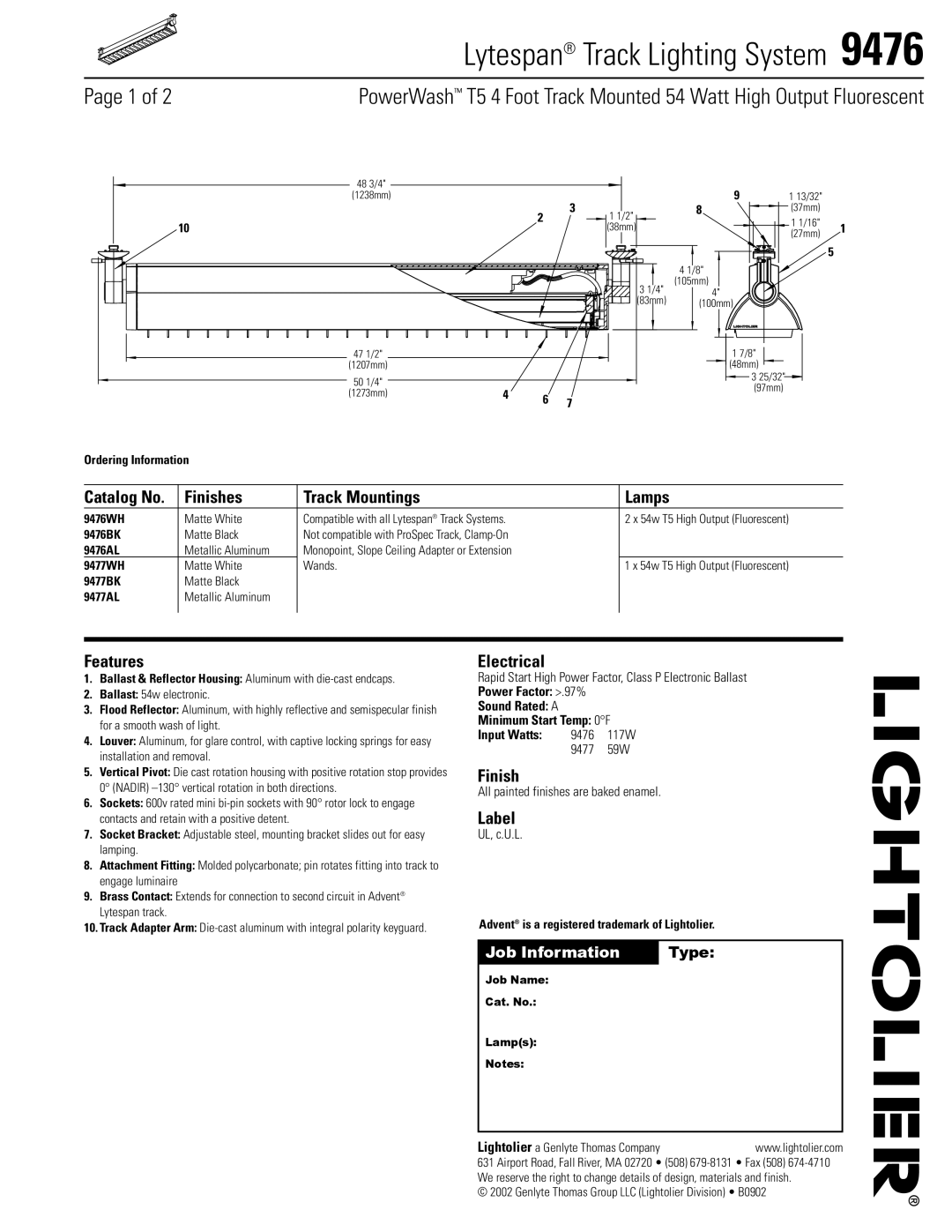 Lightolier 9476 manual Finishes Track Mountings Lamps, Features, Electrical, Label 