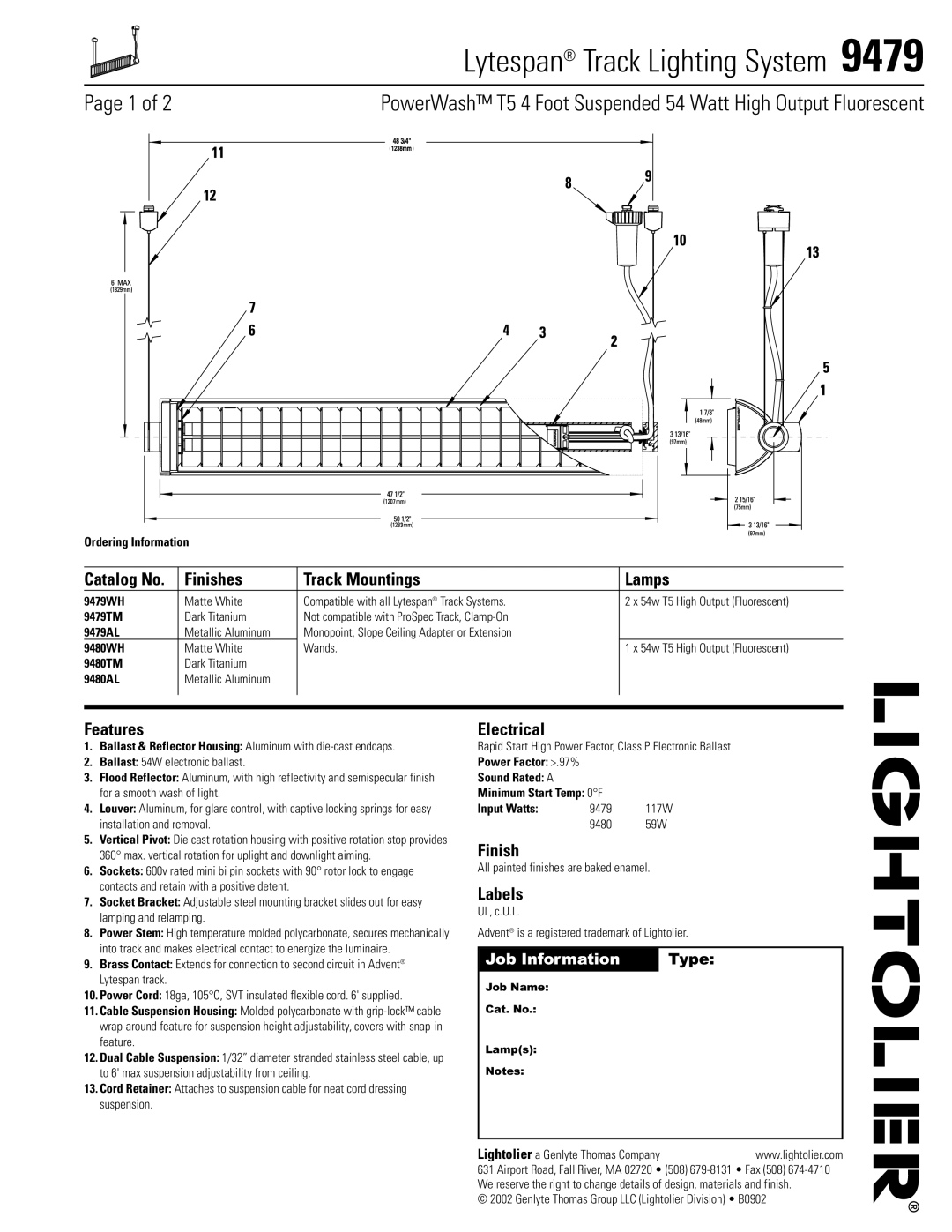 Lightolier 9479 manual Finishes Track Mountings Lamps, Features, Electrical, Labels 