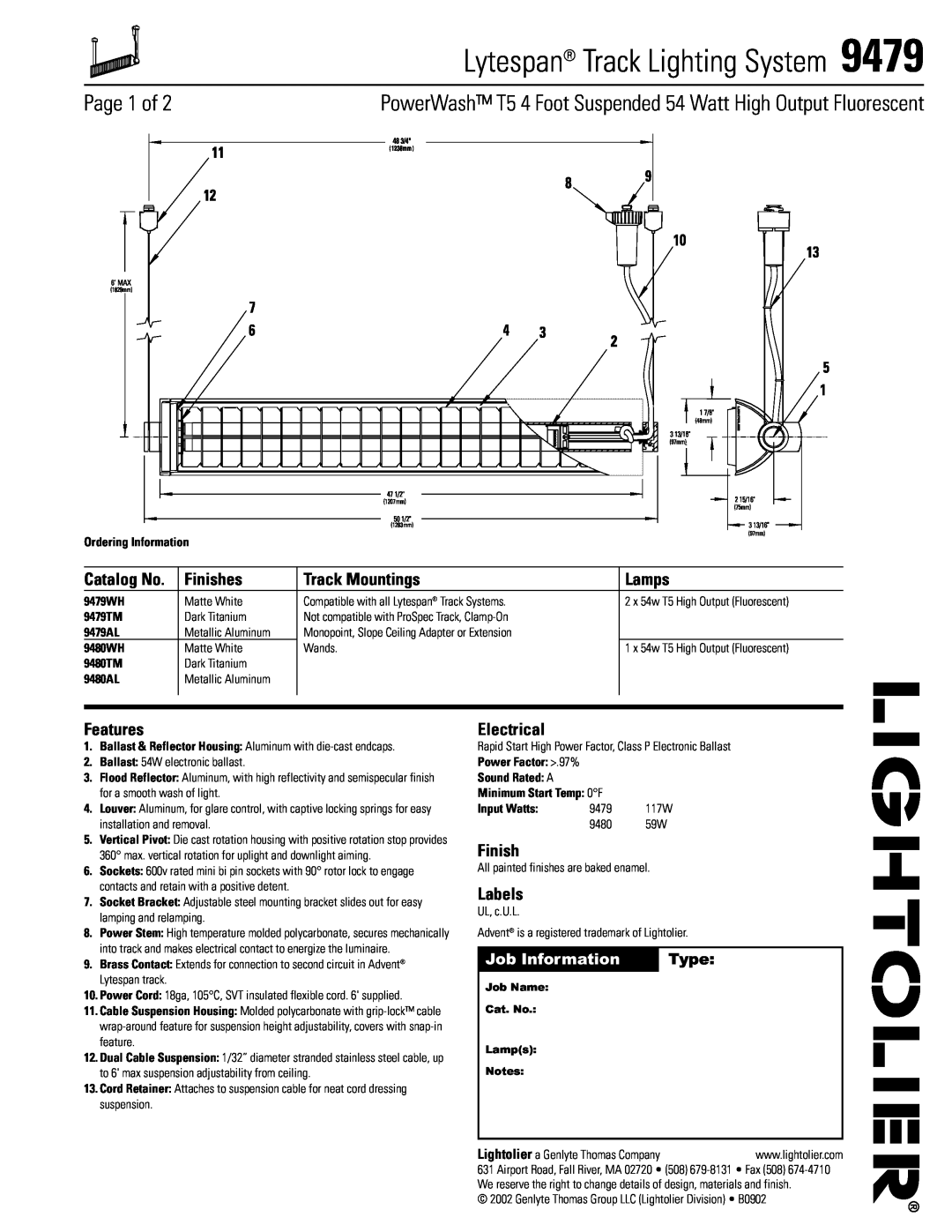 Lightolier 9479 manual Page 1 of, Finishes, Track Mountings, Lamps, Features, Electrical, Labels, Job Information, Type 